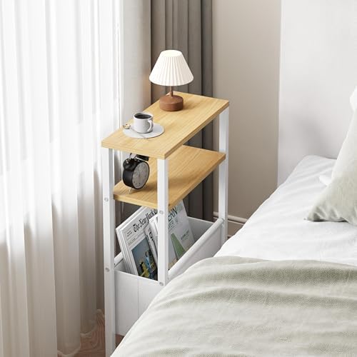 Narrow Side Table, Slim End Table with Magazine Rack, Skinny Bedside Table for Small Spaces, 3 Tier Sofa Couch Table Nightstand for Living Room, Bedroom, Natural LET503Y