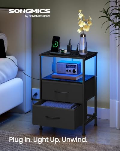 SONGMICS Nightstand with Charging Station, 2 Fabric Drawers