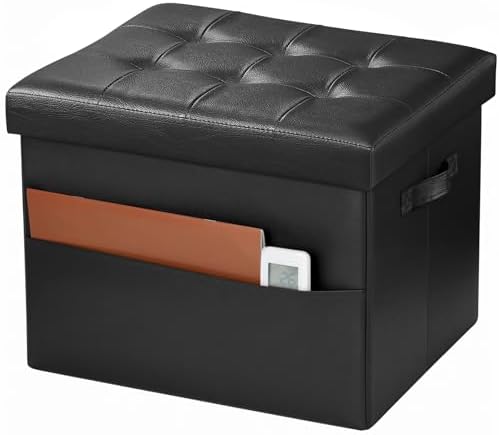 Bsketa Storage Ottoman Bench,17 Inch Folding Leather Foot Rest Stool, Black