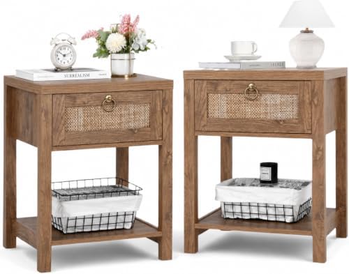VOWNER Rattan Nightstands Set of 2 - Farmhouse Bedside Table Night Stand with Drawer and Storage Shelf, Boho End Side Table for Bedroom, Mesitas De Noche para Dormitorio, Dark Oak