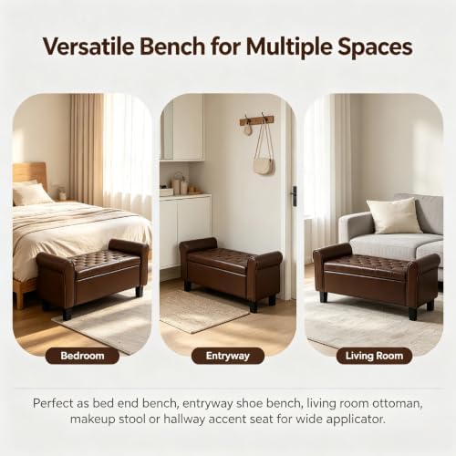 51 Inch Brown Faux Leather Storage Ottoman Bench with Rolled Armrests