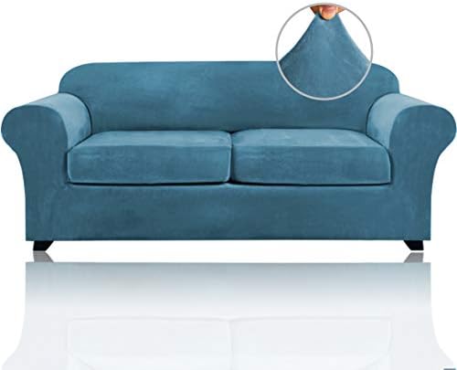 PrinceDeco Couch Cover Velvet Plush Sofa Covers for 2 Cushion Couch Width Up to 90 Inch Washable Furniture Protector Pet Friendly No Slip Sofa Slipcover(Medium-Large, Blue)