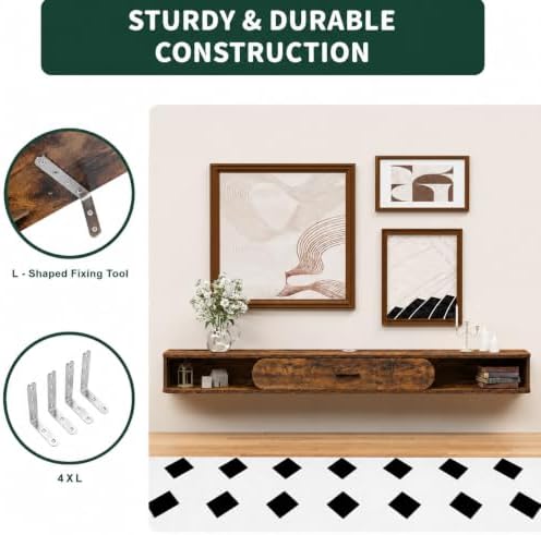GHC Floating TV Stand, 70'' Wall Mounted TV Cabinet, Floating Shelves with Door, Media Console for DVD Player, Space-Saving Under TV Shelf for Bedroom & Living Room (Rustic Brown)