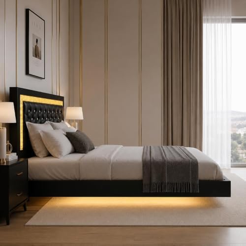 Floating Full Bed Frame, RGB LED Lights, Diamond Tufted Headboard, Black
