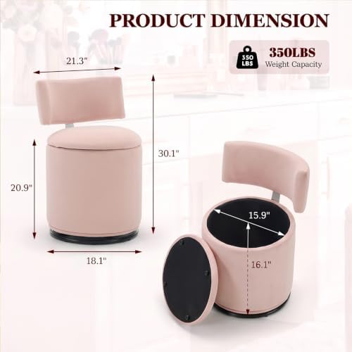 Swivel Vanity Chair with Storage, Velvet Makeup Stool with Higher Back for Living Room, Bedroom, Dressing, Pink