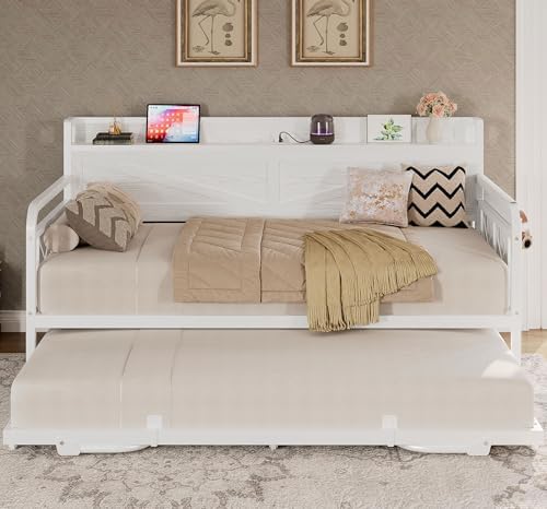 LIKIMIO Twin Daybed with Pop Up Trundle & Charging Station & Storage Shelf