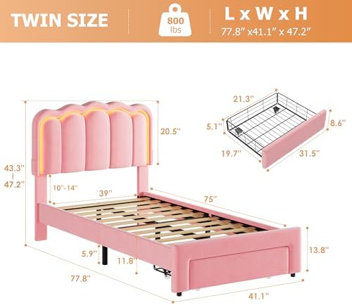 Twin Upholstered LED Bed Frame with Storage Drawer and Adjustable Chic Double Wavy Headboard, Velvet Princess Platform Bed for Girls/Kids, Solid Wood Slats Support, No Box Spring Needed, Pink