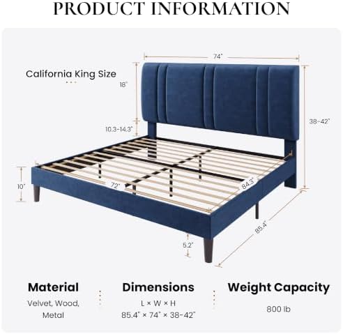 SHA CERLIN California King Size Bed Frame with Adjustable Headboard, Blue