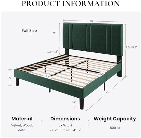 SHA CERLIN Full Size Velvet Bed Frame with Adjustable Headboard, Green