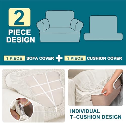 Turquoize T Cushion Chair Slipcover Armchair Slipcover for Living Room Stretch Sofa Cover Soft Armchair Cover Washable Furniture Covers with Individual T Cushion Seat Covers (Chair, Porcelain White)