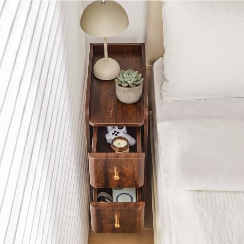 Narrow Nightstand Set of 2, Wooden Small 2 Drawer Nightstand, Slim Side End Table, Skinny Bedside Table, Mid Century Modern Night Stand with Drawers for Bedroom (Cherry Walnut-2 pcs)