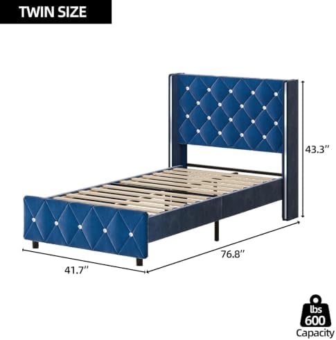 HOMBCK Twin Bed Frame with Velvet Headboard, Silverside Wingback, Blue