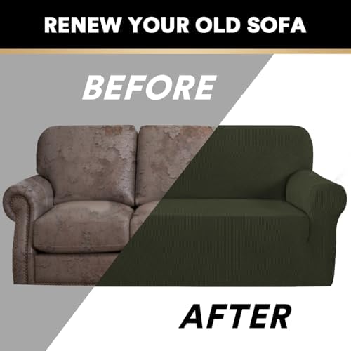 PrinceDeco Stretch Sofa Slipcover 1 Piece Sofa Cover for 2 Cushion Couch Furniture Protector/Cover Couch with Elastic Bottom Soft and Durable Sofa Cover Pet Protector (Loveseat, Olive)