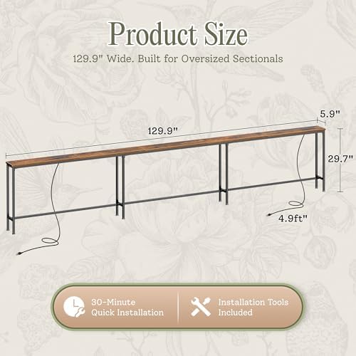 Huuger 129.9 Inch Behind Couch Table with 2 Power Outlets and USB-C Ports, Extra Long Narrow Sofa Table for Sectional Sofa, Skinny Console Table with Anti-Bump Pads, for Living Room, Rustic Brown
