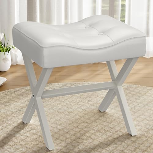 Memobarco 18-Inch Large Leather Vanity Stool Chair, White Makeup Stool