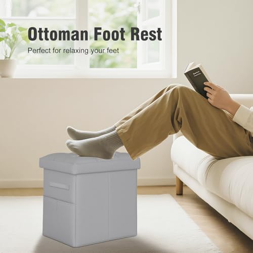 Ottoman with Storage, 17" Height Foot Rest with Handles & Side Pocket, Grey