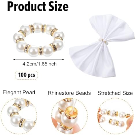 100Pcs Pearl Napkin Rings Imitation Pearl Ring Napkin Holder Delicate Gold Beaded Serviette Buckles for Wedding Christmas Dinner Banquet Decor Party Table Settings
