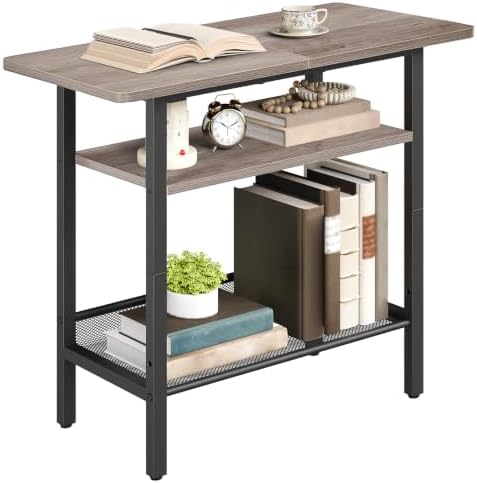 HOOBRO Side Table, Narrow End Table with Shelf, with Wide Storage Tabletop, 3-Tier Bedside Tables for Small Spaces for Living Room, Bedroom, Study, Greige and Black BG366BZ01