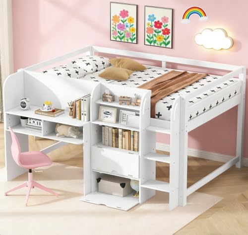 Bellemave Full Size Low loft Bed with Desk, for Kids,Wood Modern Farmhouse Full Loft Bed with Storage Cabinets,Bookcase, No Box Spring Needed, White