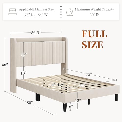 Yaheetech Full Bed Frame with Channel-Tufted Headboard, USB/AC Ports, Beige