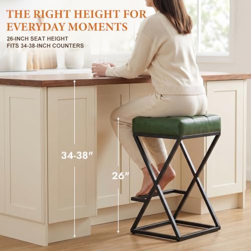 Bar Stools Set of 2, 26 Inch Counter Height Stool Faux Leather Green
