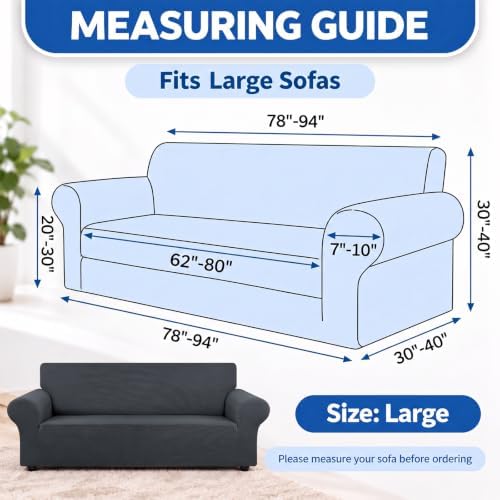 KEKUOU Stretch Couch Covers for Sofa, 3 Cushion Couch Slipcover,Charcoal