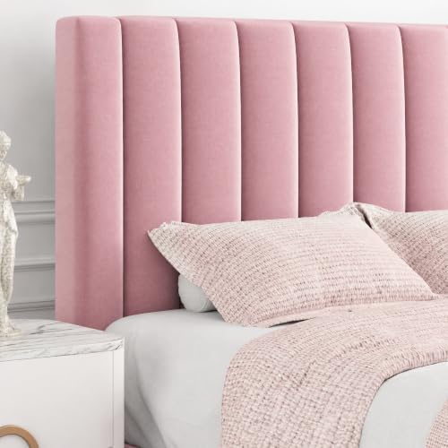 Allewie Queen Bed Frame/Velvet Upholstered Bed Frame with Vertical Channel Tufted Headboard/Strong Wooden Slats/Platform Bed Frame/Mattress Foundation/Box Spring Optional/Easy Assembly/Pink