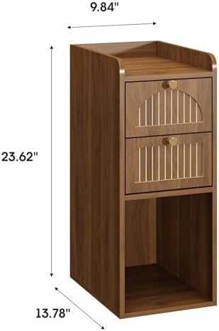 9.84" Narrow Nightstand Set of 2, Fluted Slim Bedside Table with 2 Drawers, Mid Century Modern Small End Table with Gold Metal Handles, for Bedroom, Living Room & Small Spaces - Walnut