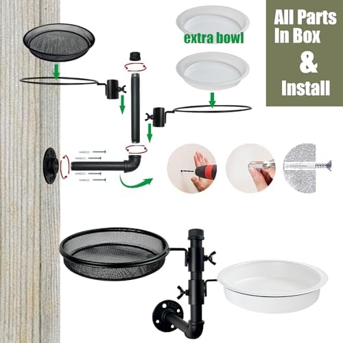 Wall Mounted Bird Feeder with Metal Mesh Seed Tray and 2 Bird Bath Bowls,Heavy Duty Fence Tree Mount Birds Feeder for Outside Wild Birds,Table Mountable Platform Feeder in Garden Backyard