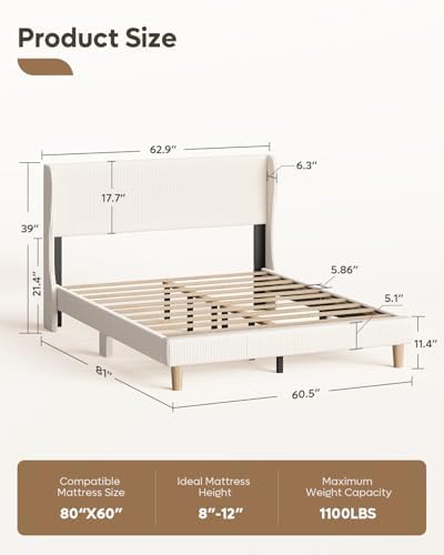 Bestier Queen Bed Frame with Wingback Headboard,Upholstered,Beige