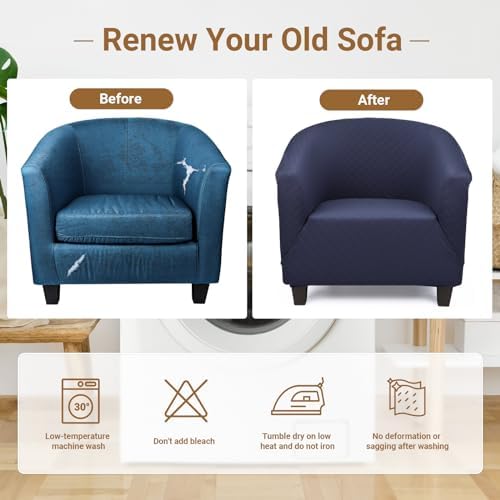 Barrel Chair Covers Slipcover 1 Piece, 2 Pack Stretch Navy Blue Club Chair Cover with Arms, Round Back Chair Covers Armchair Sofa Removable Couch Protector for Bar Living Room Bedroom