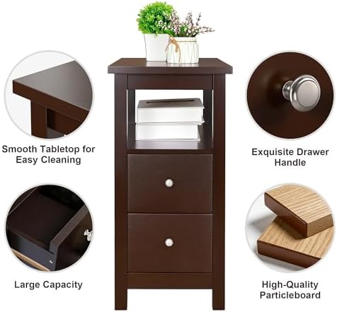 SUPER DEAL End Table Set of 2, Slim Side Table with 2 Drawers and Storage Shelf, 3 Tier Sofa Couch Table for Living Room Bedroom Apartment Small Spaces, Espresso
