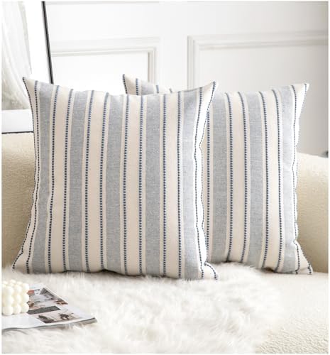 Cethom Decorative Boho Throw Pillow Covers, Farmhouse Textured Pillow Case, 20 x 20 Inch Set of 2, Chair Sofa Bedroom Living Room Home Decor Couch Cushion Case, Classic Blue and Beige Striped
