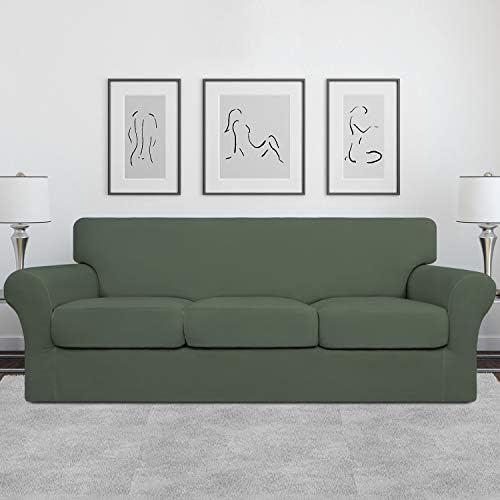 Easy-Going 4 Pieces Stretch Soft Couch Cover for Dogs - Washable Sofa Slipcover for 3 Separate Cushion Couch - Elastic Furniture Protector for Pets, Kids (Sofa, Greyish Green, Large)