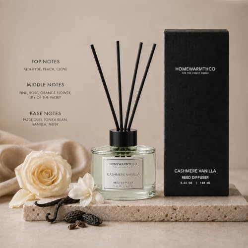 Cashmere Vanilla Reed Diffuser Set - Premium Fragrance Reed Diffuser for Home, Office, Bathroom & Kitchen, Long-Lasting Non-Toxic Essential Oil Diffuser, Home Décor, 5.63 oz (160ml)