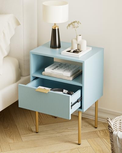 Aienvey Nightstand with One Drawer, Blue Stripe Night Stand and Gold Frame