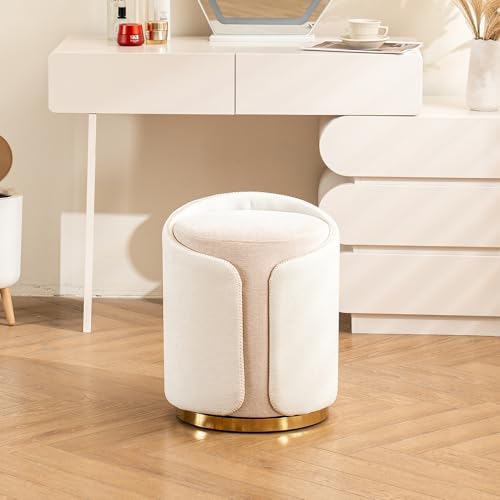 Swivel Vanity Stool with Gold Base Comfy Vanity Chair Modern Round Stool for Makeup Vanity Ottoman Foot Rest for Bedroom livingroom (Beige)