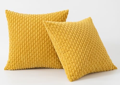 Kevin Textile Soft Corduroy 16x16 Inch Pillow Covers 2 Pack, Mustard Yellow