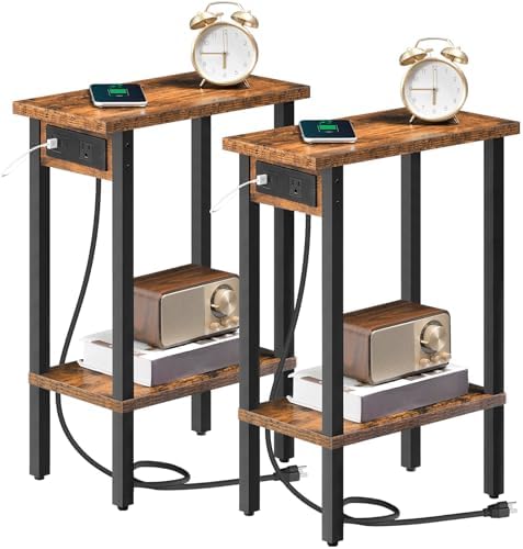 HOOBRO Narrow Side Tables, Set of 2, 2-Tier Slim End Tables with Charging Station, Skinny Nightstands with Open Storage, for Small Spaces, Living Room, Bedroom, Rustic Brown and Black BF240UBZP201