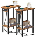 HOOBRO Narrow Side Tables, Set of 2, 2-Tier Slim End Tables with Charging Station, Skinny Nightstands with Open Storage, for Small Spaces, Living Room, Bedroom, Rustic Brown and Black BF240UBZP201