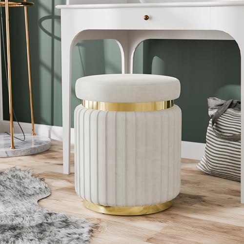 Furniture of America Magnus Modern 15-inch Upholstered Round Ottoman with Gold Trim and Stainless Steel Base, Vanity Stool Chair, Small Foot Stool for Bedroom, Living Room, Entryway, White