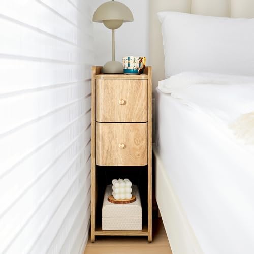 Narrow Nightstand Set of 2, Wooden Small 2 Drawer Nightstand, Slim Side End Table, Skinny Bedside Table, Mid Century Modern Night Stand with Drawers for Bedroom (Natural-2 pcs)