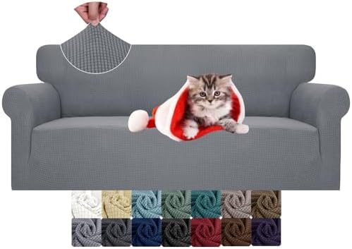 JIVINER High Stretch Couch Covers for 3 Cushion Couch 1-Piece Jacquard Sofa Slipcovers Fitted Washable Sofa Covers with Elastic Bottom Furniture Protector for Kids Pets (Sofa, Light Gray)