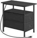 HOOBRO End Table with Charging Station, Narrow Side Table, Nightstand with 2 Non-Woven Drawers, Slim Sofa Side Table, for Small Spaces, Living Room, Bedroom, Black BB486UBZ01