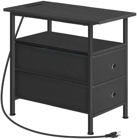 HOOBRO End Table with Charging Station, Narrow Side Table, Nightstand with 2 Non-Woven Drawers, Slim Sofa Side Table, for Small Spaces, Living Room, Bedroom, Black BB486UBZ01
