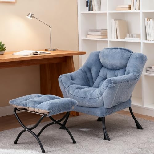 Welnow Lazy Chair with Ottoman,Reading Chair with Footrest,Light Blue