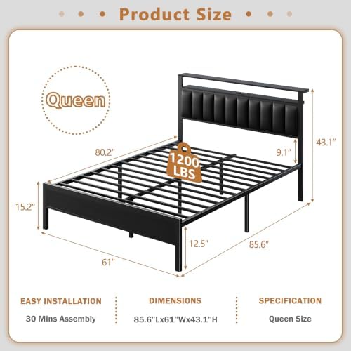 Furnulem Black Queen Bed Frame with PU Upholstered Headboard & LED Lights