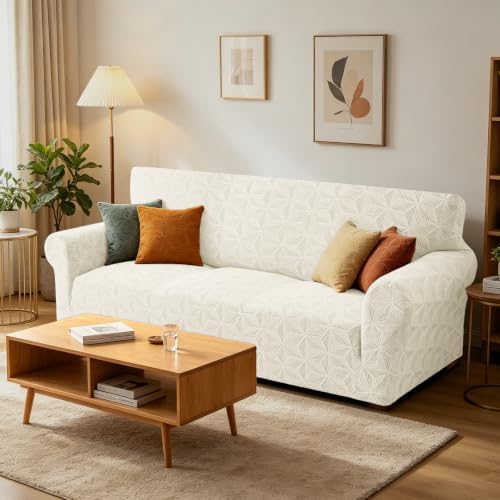 ZNSAYOTX Stretch Couch Cover, 1 Piece Sofa Covers for 3 Cushion Couch, Jacquard Sofa Slipcovers with Elastic Bottom Thickened Furniture Protector for Dog Cat Pet (Large, Beige)