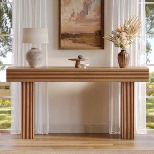 Bestier 63” Entryway Table, Wood Fluted Console Table Behind Couch, Brown