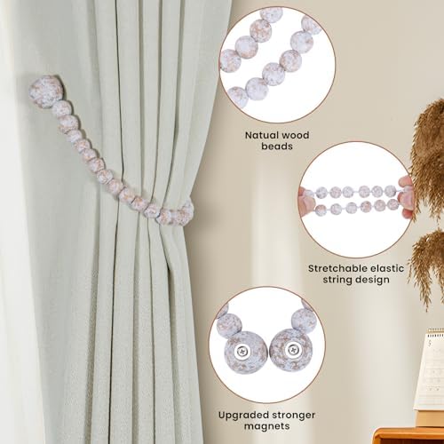 KLOGTSIND Magnetic Curtain Tiebacks, 2 Pack Wood Bead Curtain Holdbacks